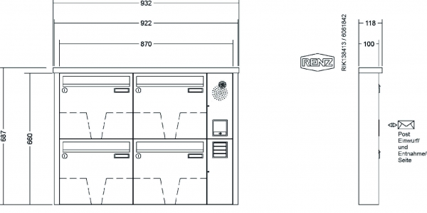 RENZ Briefkastenanlage Aufputz, Tetro, Edelstahl V4A, Kastenformat 370x330x100mm, mit Klingel - & Lichttaster und Vorbereitung Gegensprechanlage, 4-teilig